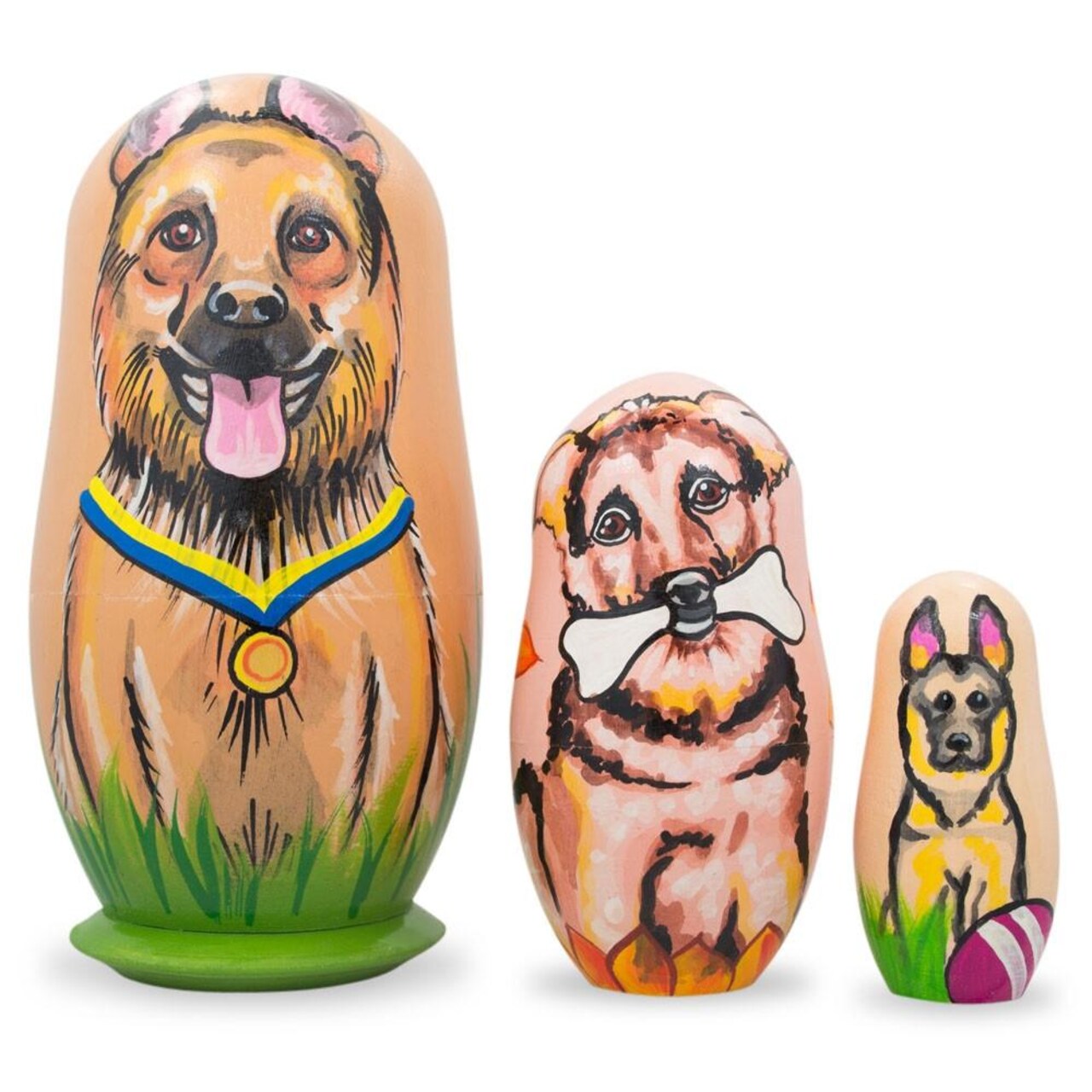 Set of 3 German Shepherd Dogs Wooden Nesting Dolls 4.25 Inches